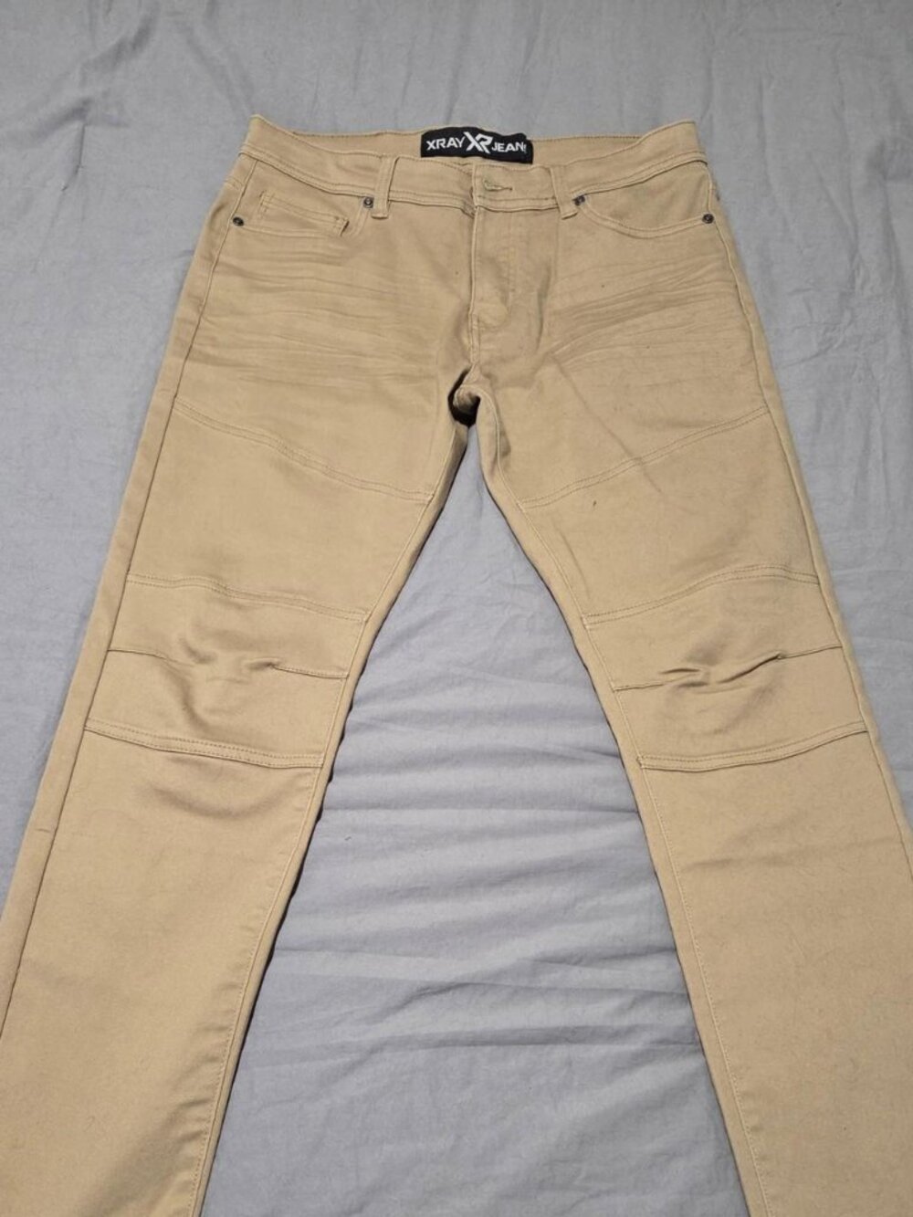 XRAY Jeans Mens Moto Biker Pants 32x32 Tan Khaki Slim Stretch Ribbed Knee